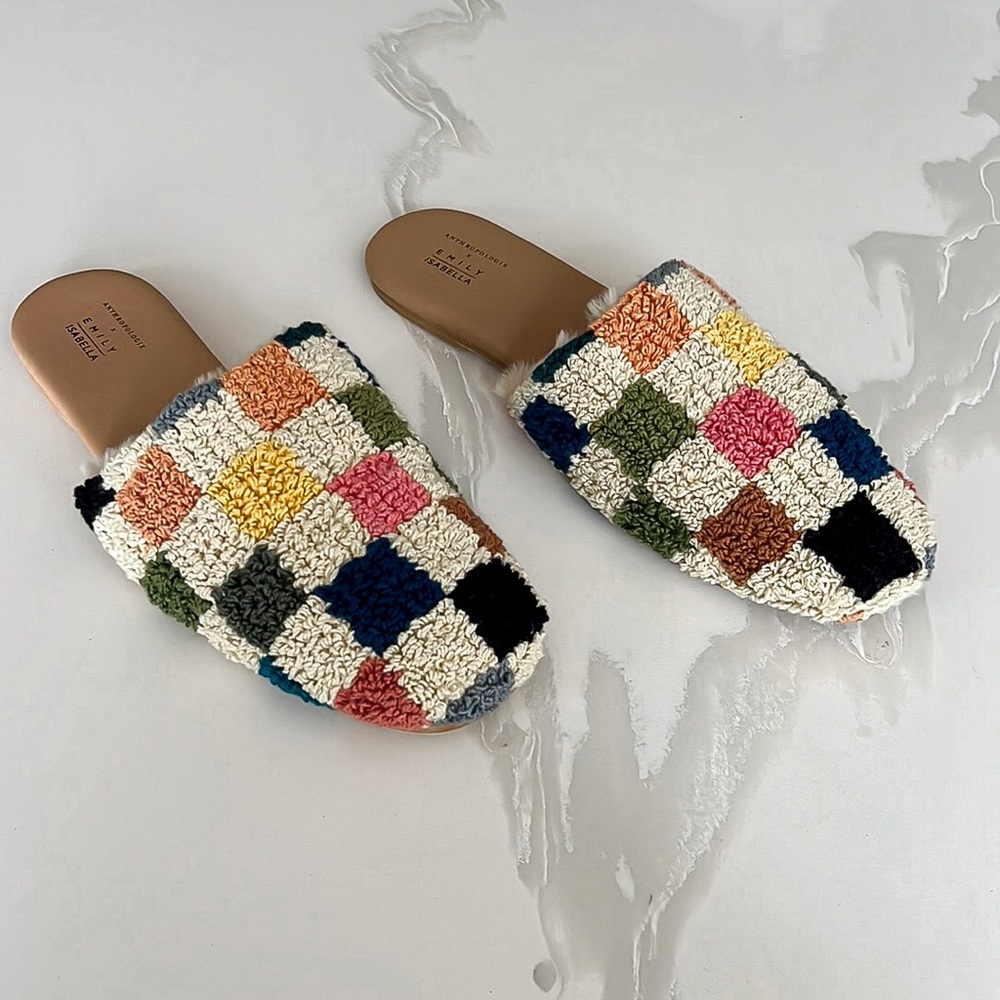 Anthropologie x Emily Isabella Checkered Colorful Sherpa Slippers Womens Medium - Picture 2 of 16